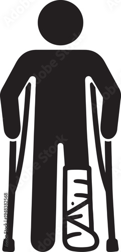Black silhouette of a person with a broken leg in a cast and using crutches also transparent background