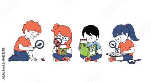 Four diverse children are engrossed in learning about insects, using magnifying glasses and books to explore the wonders of the natural world.