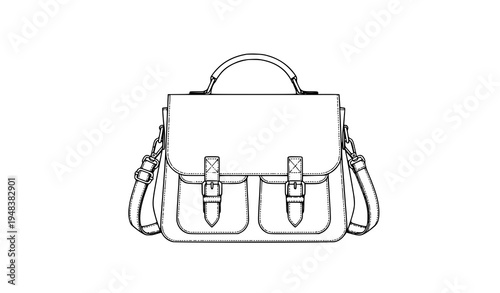 Top handle satchel bag fashion flat sketch outline vector illustration