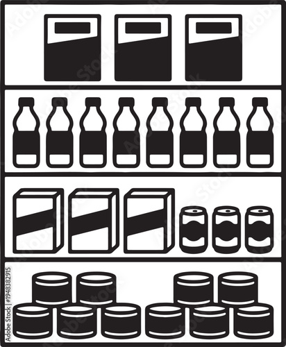 Four shelves of black and white displaying various packaged goods including boxes bottles and cans also transparent background