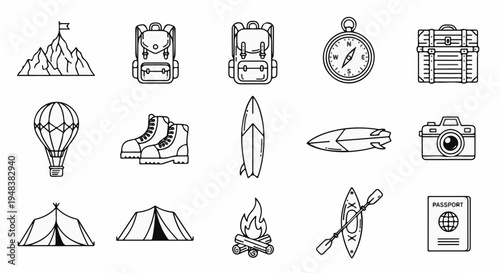 Collection of adventure and travel icons mountains, bags, compass, suitcase, balloon, boots, surfboards, camera, tents, fire, kayak, passport