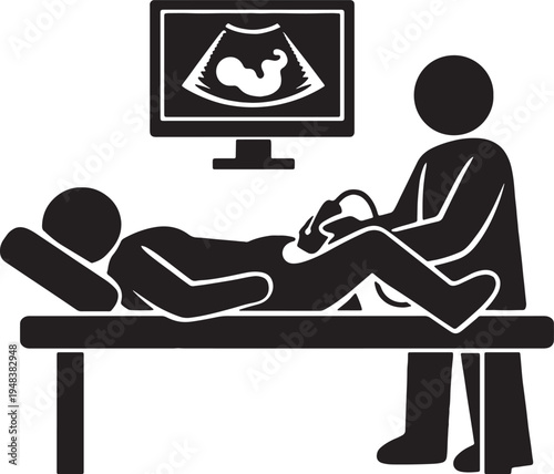 Medical performing ultrasound on pregnant person showing fetus on screen also transparent background
