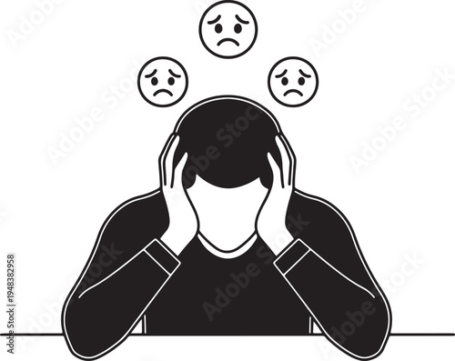 Person holding head with three sad emoji faces above also transparent background hands