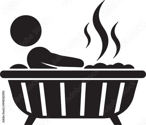 Person relaxing in a steaming hot tub with bubbles and steam rising also transparent background bath