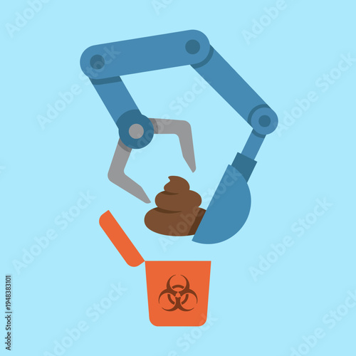 An illustration of a robotic arm carefully extracting material from a biohazard waste container, highlighting advancements in technology and safety in waste handling.