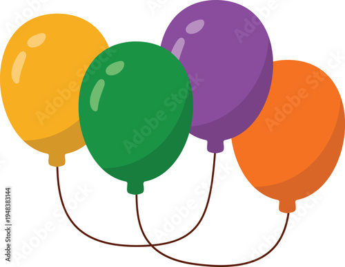 Four colorful balloons floating with strings on a white background party celebration