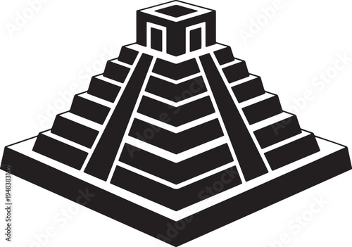 Stylized black and white isometric representation of a stepped pyramid structure with a flat also transparent background