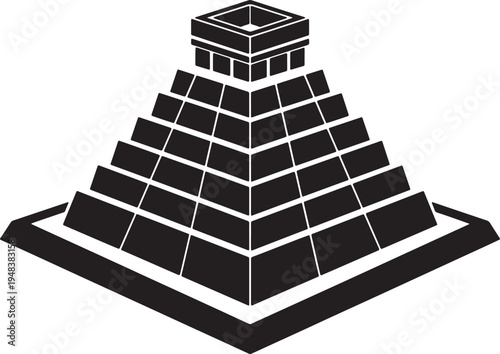 Stylized black and white stepped pyramid with a square structure on also transparent background ancient architecture