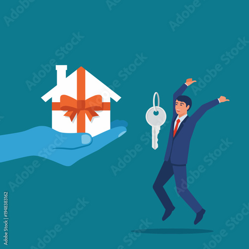 This captivating illustration showcases a joyous man celebrating the receipt of a house key, symbolizing home ownership and the excitement of new beginnings.