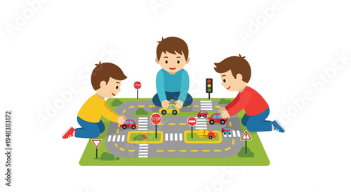 Three young boys are happily playing with toy cars on a road mat featuring various traffic signs, crosswalks, and a traffic light.