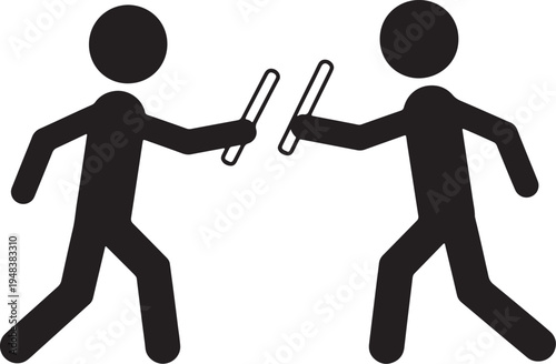 Two black stick figures passing a baton in a relay race on a white background also transparent background