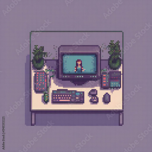 A woman is shown on a computer monitor, with a keyboard, mouse, and potted plants in the background.