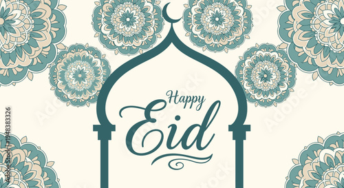 A festive Eid Mubarak design featuring a green Islamic arch with 'Happy Eid' text, set against a beige background with intricate blue and gold floral patterns.