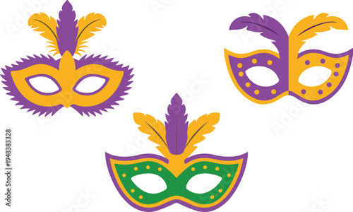 Three ornate Mardi Gras masks with feathers and decorative patterns on white masquerade costume