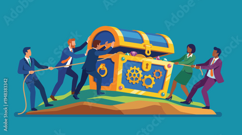 A vibrant illustration of a diverse team working together to pull open a treasure chest, symbolizing the achievement of goals and the success of teamwork.