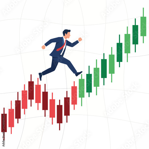 This vibrant illustration depicts a businessman energetically running up a green, upward-trending candlestick chart, symbolizing positive financial growth and ambition.