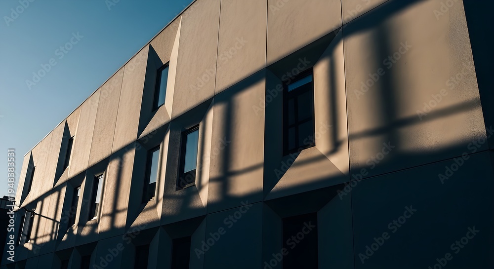Fototapeta premium Contemporary Building Facade with Geometric Details and Striking Shadow Patterns Against a Clear Blue Sky