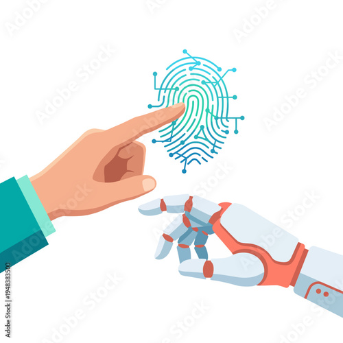 An intriguing illustration depicting the touch between a human finger and a robotic hand, highlighting the intersection of technology and humanity in a striking way.