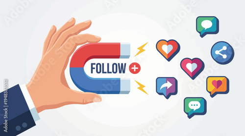 An engaging graphic featuring a hand holding a magnet that attracts various social media icons, representing the power of influence, connection, and engagement in digital society.