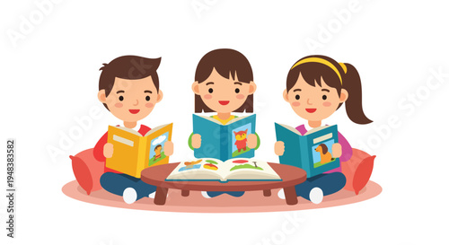 Three happy children are sitting around a low table, engrossed in reading their books and enjoying story time together.