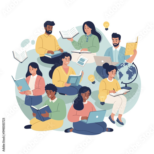 Diverse group of people studying together.