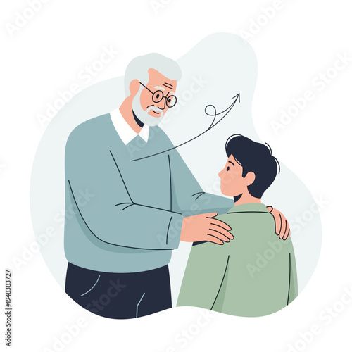 Elderly man comforting young boy.