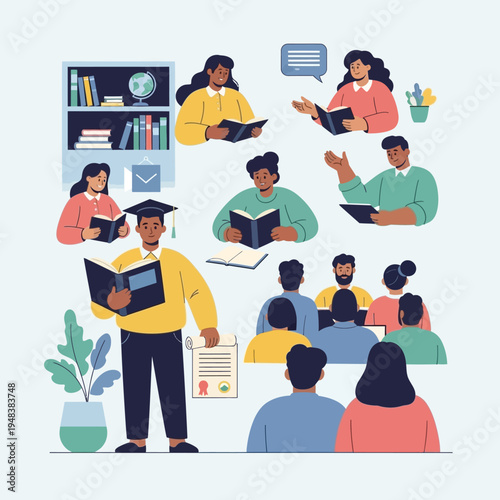 Diverse group of students in classroom.