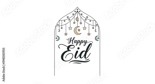 A festive Eid Mubarak illustration with a crescent moon, stars, and lanterns, perfect for holiday greetings and celebrations.