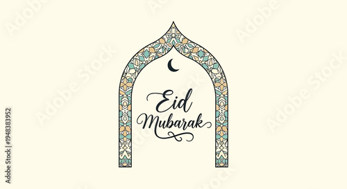 A festive Eid Mubarak design featuring an ornate Islamic arch, crescent moon, and elegant script on a cream background, perfect for holiday greetings and celebrations.