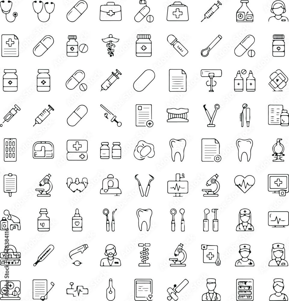 Fototapeta premium Medical healthcare icon vector set with doctor, syringe, pills, stethoscope, hospital equipment, and medicine symbols isolated on light background