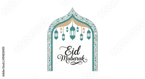 A festive Eid Mubarak design featuring a decorative archway with hanging lanterns, perfect for holiday greetings and celebrations.