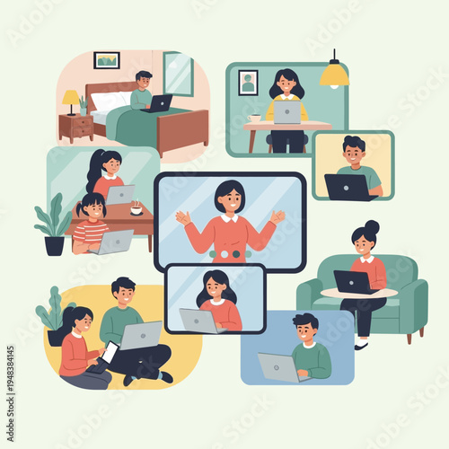 People working remotely on laptops.