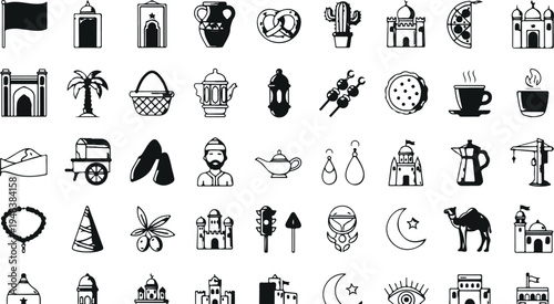 Middle Eastern culture and architecture icon vector set with mosque, camel, tea pot, palm tree, and traditional symbols isolated on light background