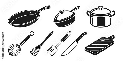 a collection of kitchen utensils and cookware Vector
