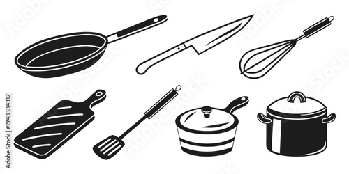 a collection of kitchen utensils and cookware Vector