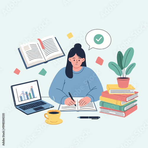 Woman studying with books and laptop.