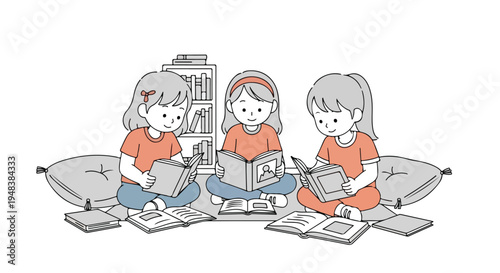Three young girls sit on cushions, happily reading books around a small bookshelf, with more books open on the floor.