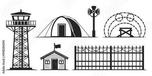 prison fence with watchtower and gate Vector