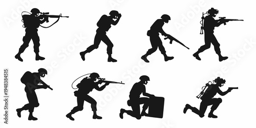 set of silhouettes of soldiers in various combat positions Vector
