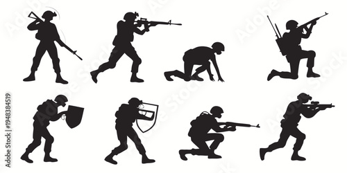 soldiers in various combat positions and actions Vector