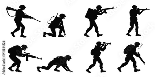 soldiers in various combat positions with guns and backpacks Vector