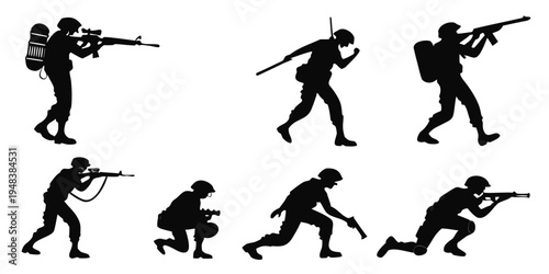 soldiers in various combat positions and movements Vector