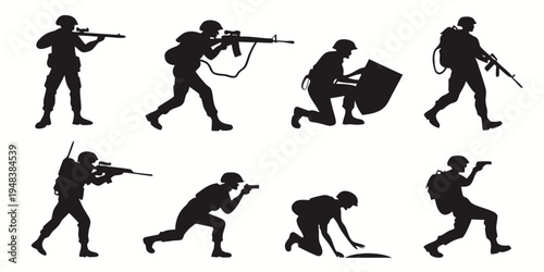soldiers in various combat positions and actions Vector