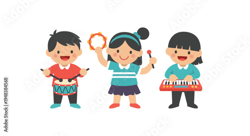 Three smiling children, two girls and one boy, enjoy making music together with a drum, tambourine, maraca, and a keyboard.
