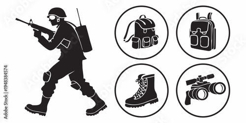 a soldier with a rifle and various gear icons Vector