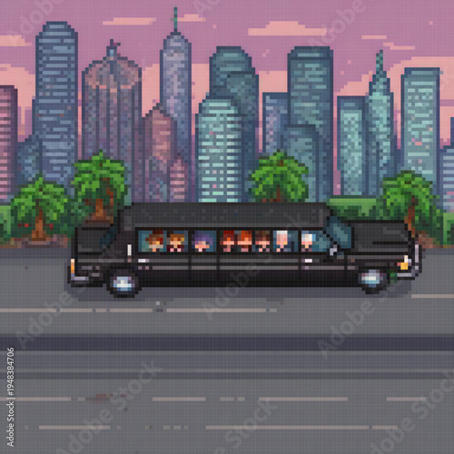 A pixel art image depicts a black limousine with a city skyline in the background. The limousine is filled with people, and the cityscape is filled with tall buildings and palm trees.