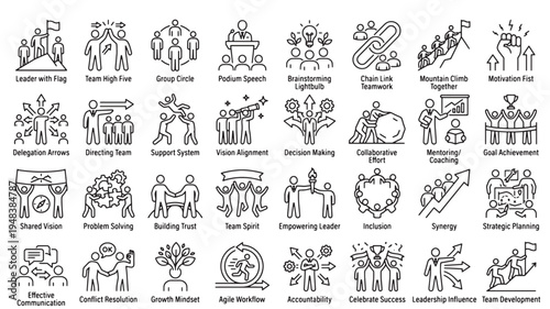 Set of 32 Outline Vector Icons for Business Teamwork, Leadership, Collaboration, and Management, Featuring Concepts like Goal Achievement, Strategic Planning