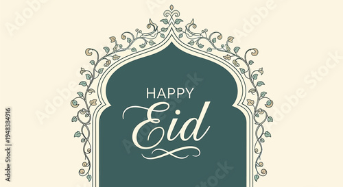 A decorative Eid Mubarak greeting card featuring a floral arch with 'Happy Eid' text, ideal for Ramadan and Islamic holiday celebrations, marketing, and social media posts.