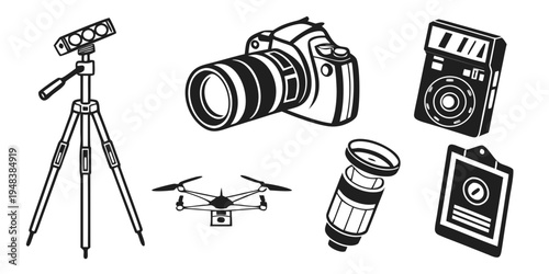 a collection of photography equipment and gadgets Vector