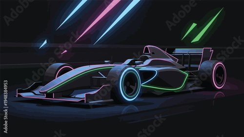 A sleek, neon-lit race car with glowing accents speeds through a dark track with vibrant streaks of light in the background.